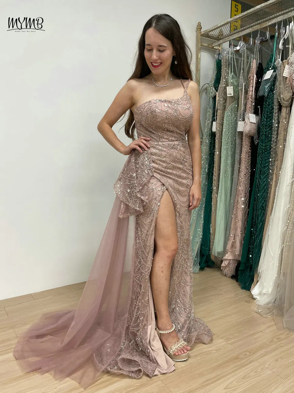 MYMB-vestido formal de noite com fenda alta com um ombro, vestido sereia luxuoso, vestido de baile, trem lateral, fenda, cinta de espaguete, frisado, rosa
