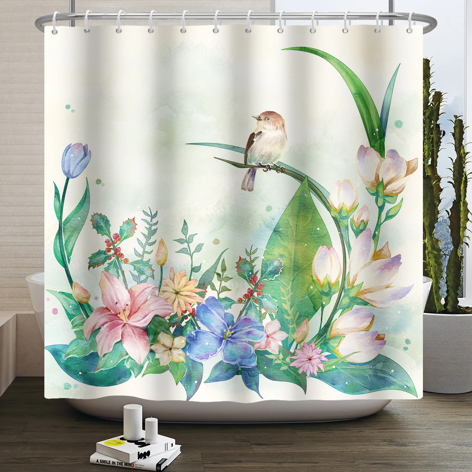 

Watercolor Floral Bird Shower Curtain for Bathroom Set Modern Spring Hummingbird Flower Home Bath Bathtub Decor with Hooks