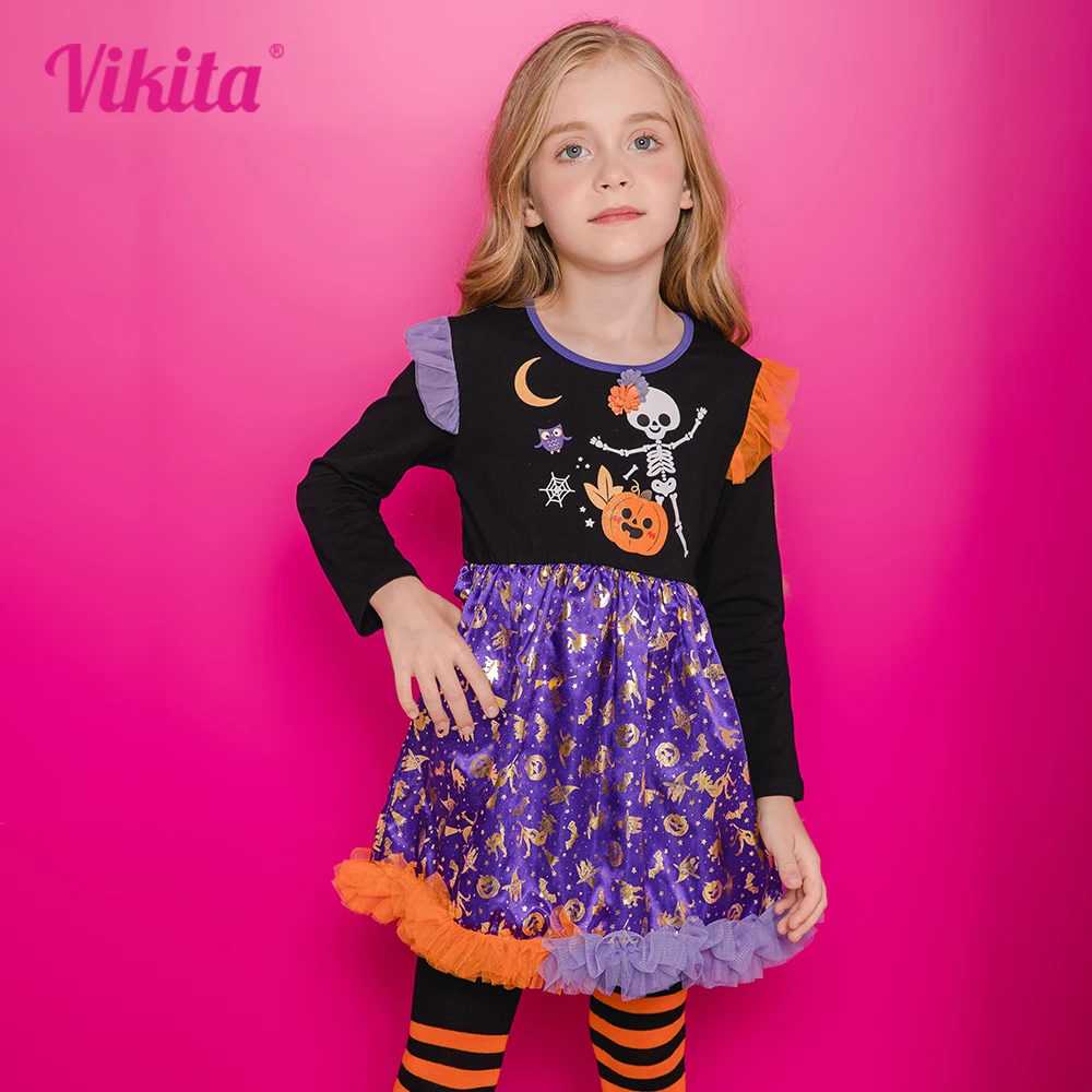 

VIKITA Kids Halloween Festival Costumes Girls Skull Pumpkin Witch Spider Web Print Long Sleeve Autumn Dresses Children Clothing