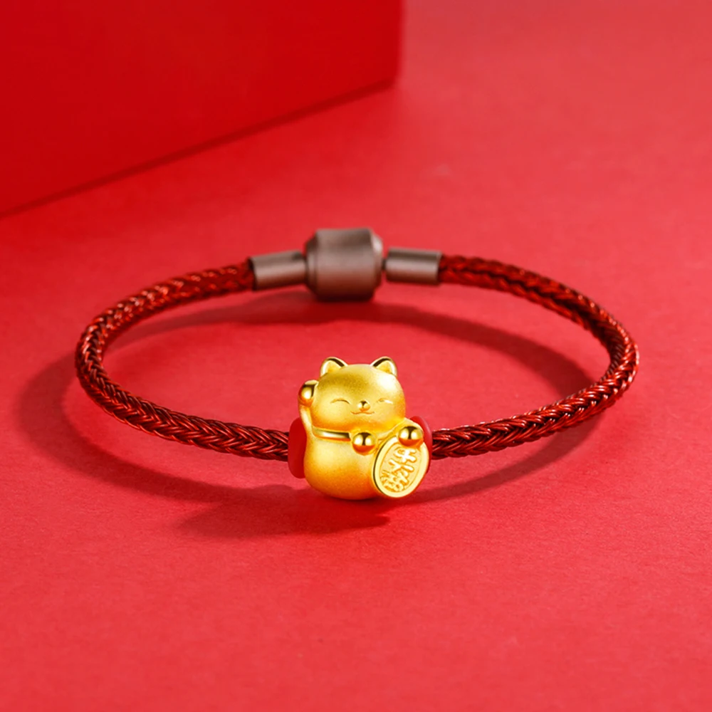 

Pure Real 24K Yellow Gold Bracelet 3D Hard Gold Lucky Cat Red String Bracelet 16-19cm Length