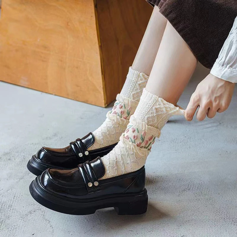 Calcetines de algodón con volantes para mujer, medias de estilo coreano, informales, con flores, transpirables, novedad