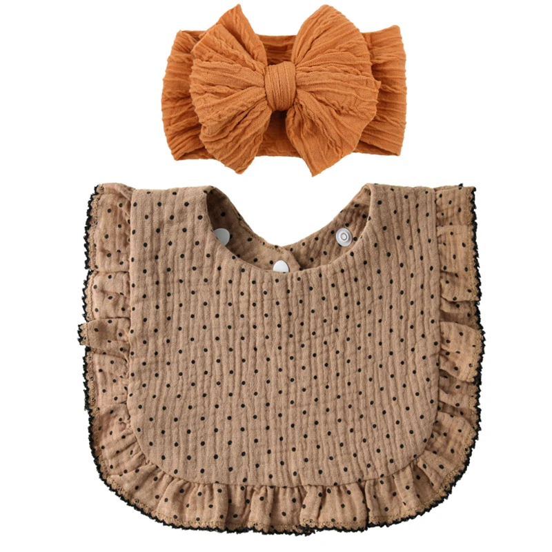 

2Pcs/Set Baby Jacquard Bow Tie Headband & Flower Bibs Nylon Hairbands Solid Saliva Towel Feeding Burp Cloth Scarf Girls Headwear