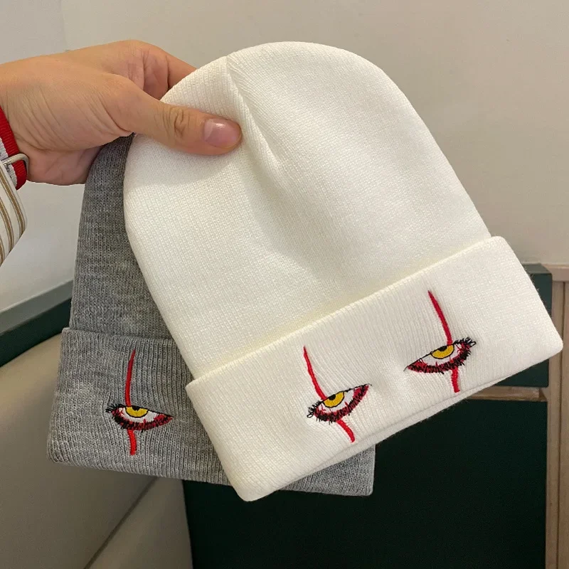 Gorros de lana bordados, gorro tejido con ojos de payaso aterrador, gorro de hip-hop con cobertura cálida, gorros de lana para Halloween