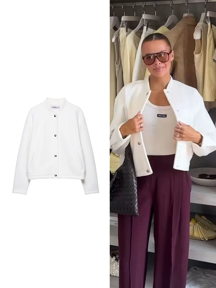 

Женская куртка-бомбер, пальто, модная однотонная белая осенняя новая укороченная куртка с металлическими пуговицами и длинными рукавами, женская уличная верхняя одежда