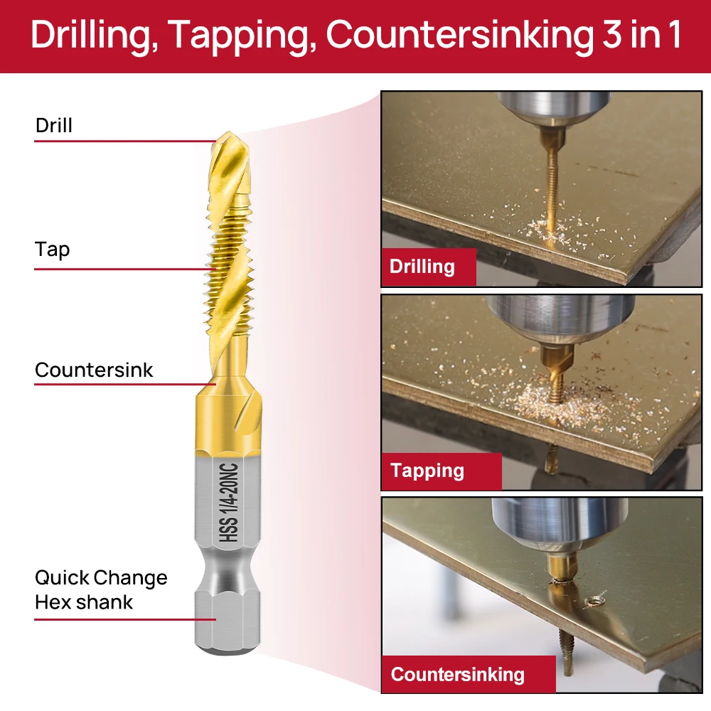 FOCSTOL 13pcs Tap Drill Bit Set Hex Shank HSS Composite Tap Drilling Tapping Chamfering Countersinking Iron Aluminum Copper