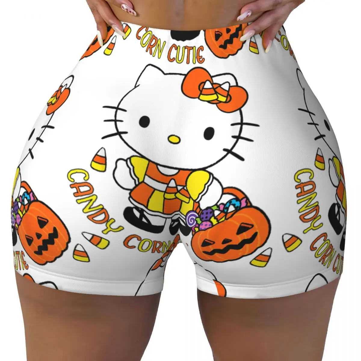 Hello Kitty Candy Corn Cutie Halloween Quick Dried Yoga Shorts for Women Scrunch Fitness Workout Gym Pants Tights