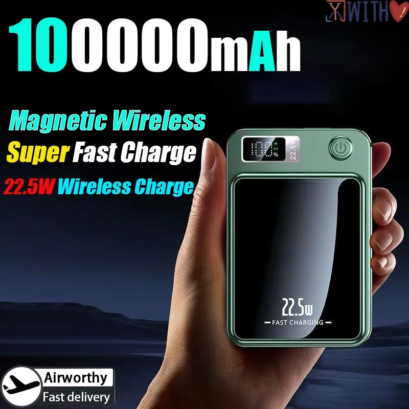 100000mAh Magnetic Power Bank Wireless Fast Charger for Magsafe Portable Auxiliary Battery Pack For iPhone Samsung
