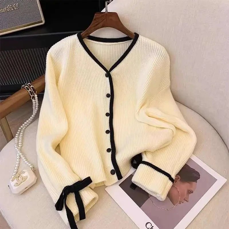 

Autumn V Neck Knit Cardigan for Women Fashion Striped Patchwork Lace Up Casual Sweater Korean Preppy All Match Buttons Jumpers