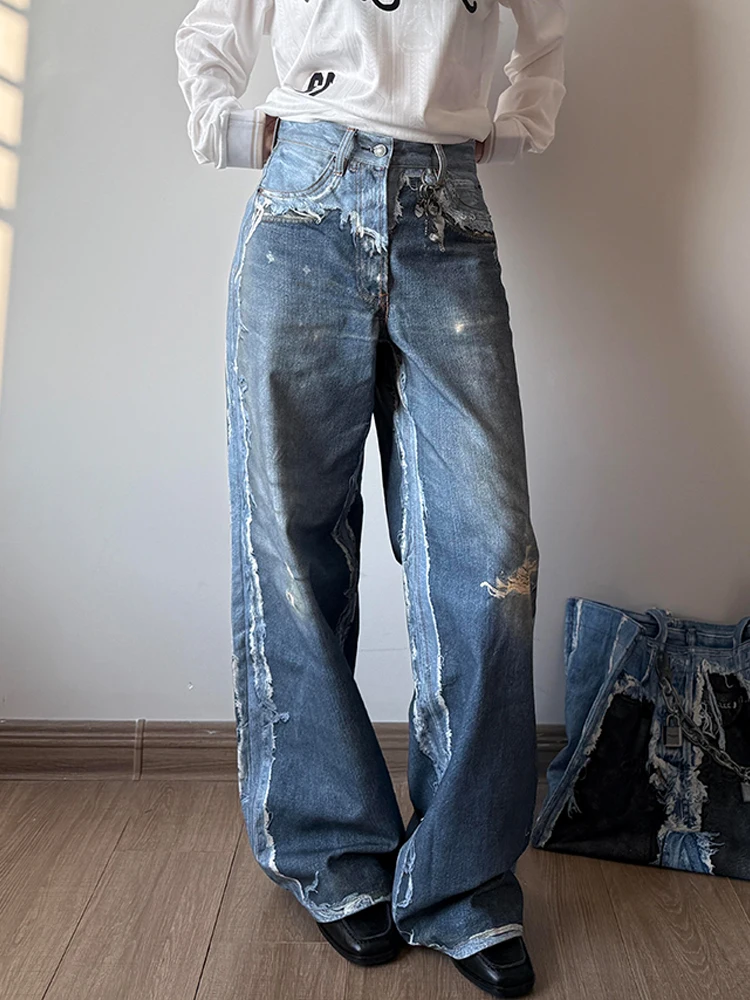

American High Street Design Illusion Print Jeans Women Summer New Spicy Girl Fashion Long Pants High Waist Loose Fit Pure Color