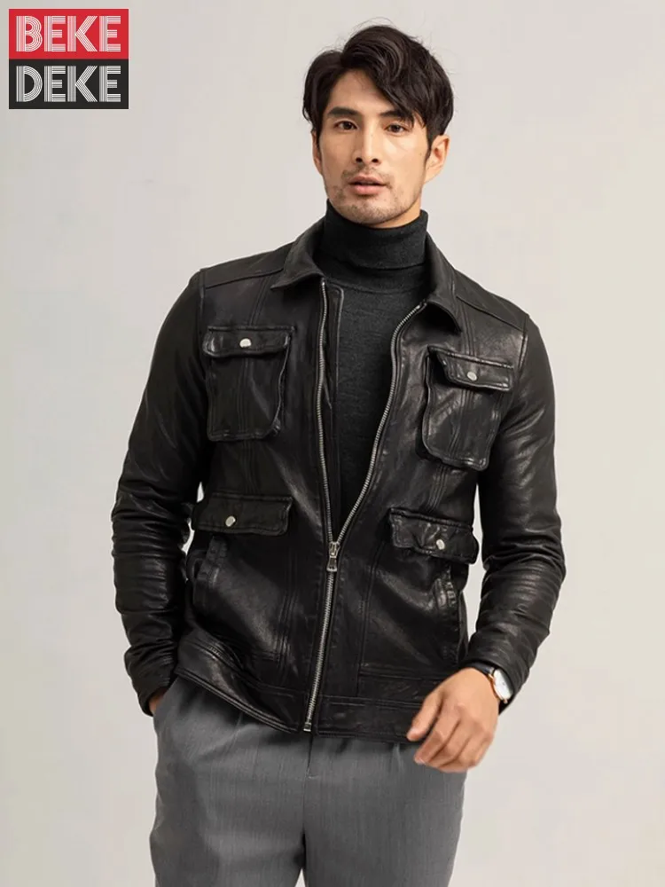 

Fashion Mens Autumn Multi Pockets Real Sheepskin Hunting Coat Zipper Slim Fit Moto Biker Genuine Leather Jacket Windproof Coats