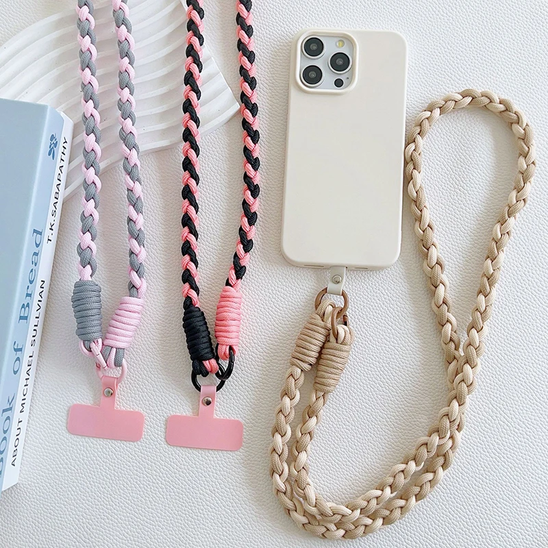 Colorful Braid Phone Charm Cellphone Lanyard Cord With Adapter Tab Mobile Long Solid Cordon