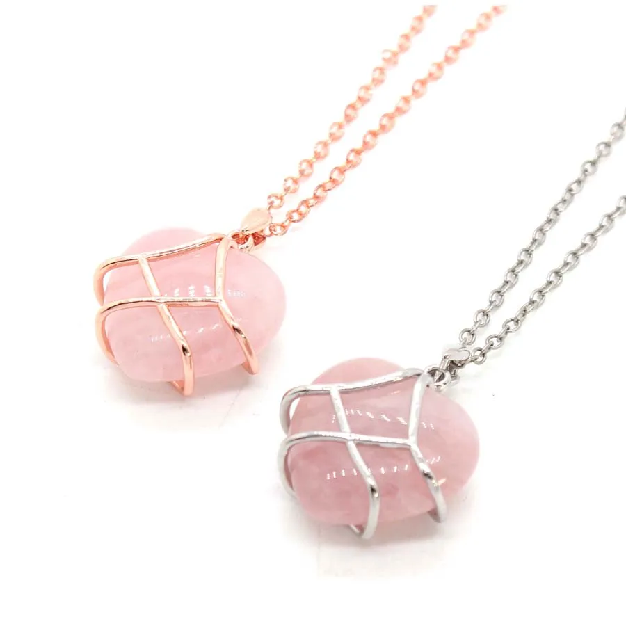 Natural Rose Quartz Crystal Heart Shape Stone Pendant Necklace For Women Exquisite Opalite Opal Pendants Lovey Girls Jewellery