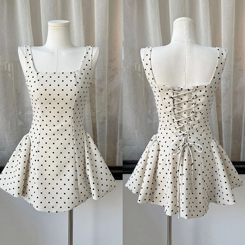 Sweet Polka Dot Mini Tank Dress Women Korean Fashion Square Neck Camis Dress Cross Lacing Up Bow A Line Female Slim Vestidos New