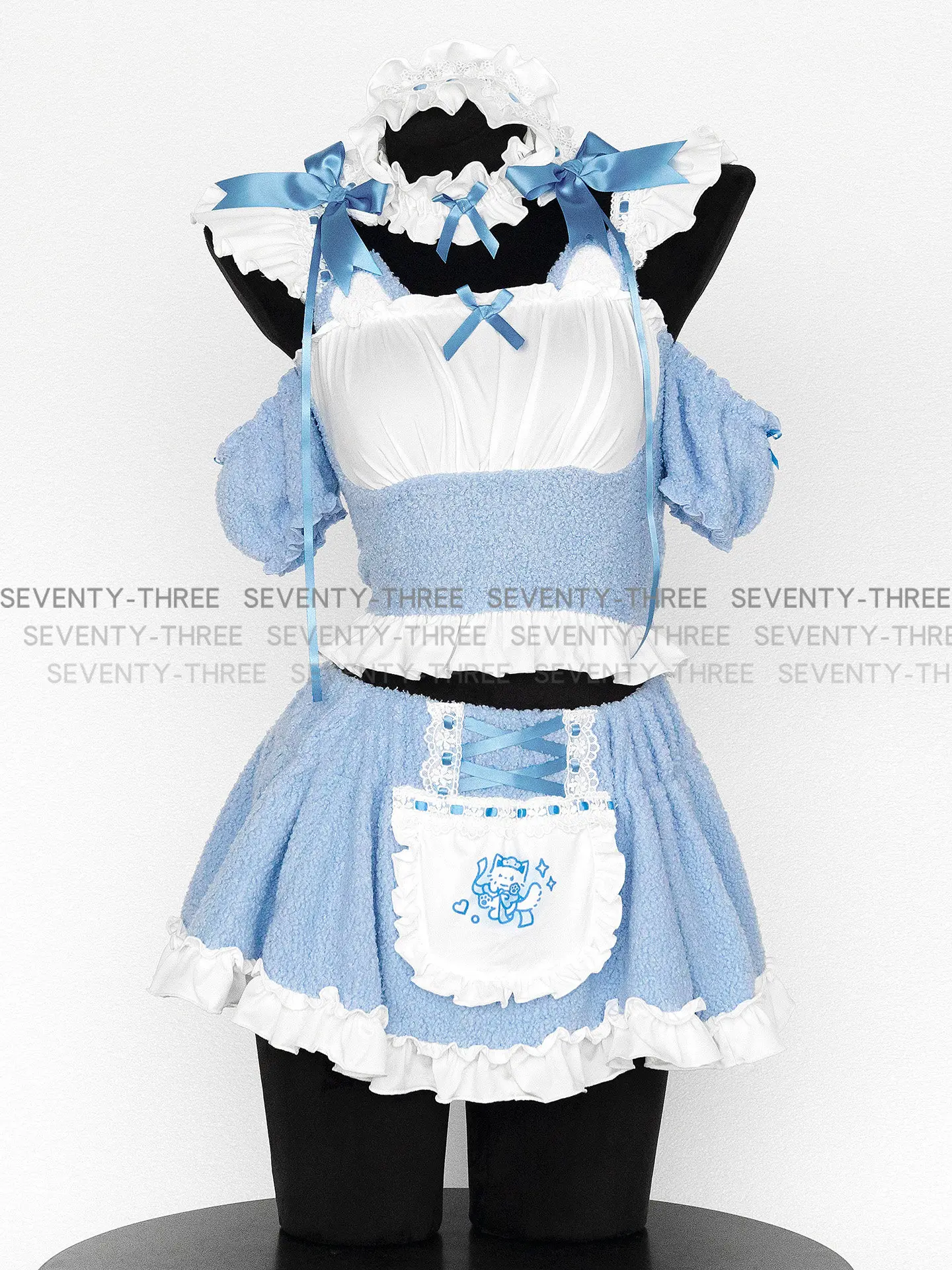 Sweet Blue White Lace Maid Outfit Cosplay Costume Cute Lolita Dress with Apron
