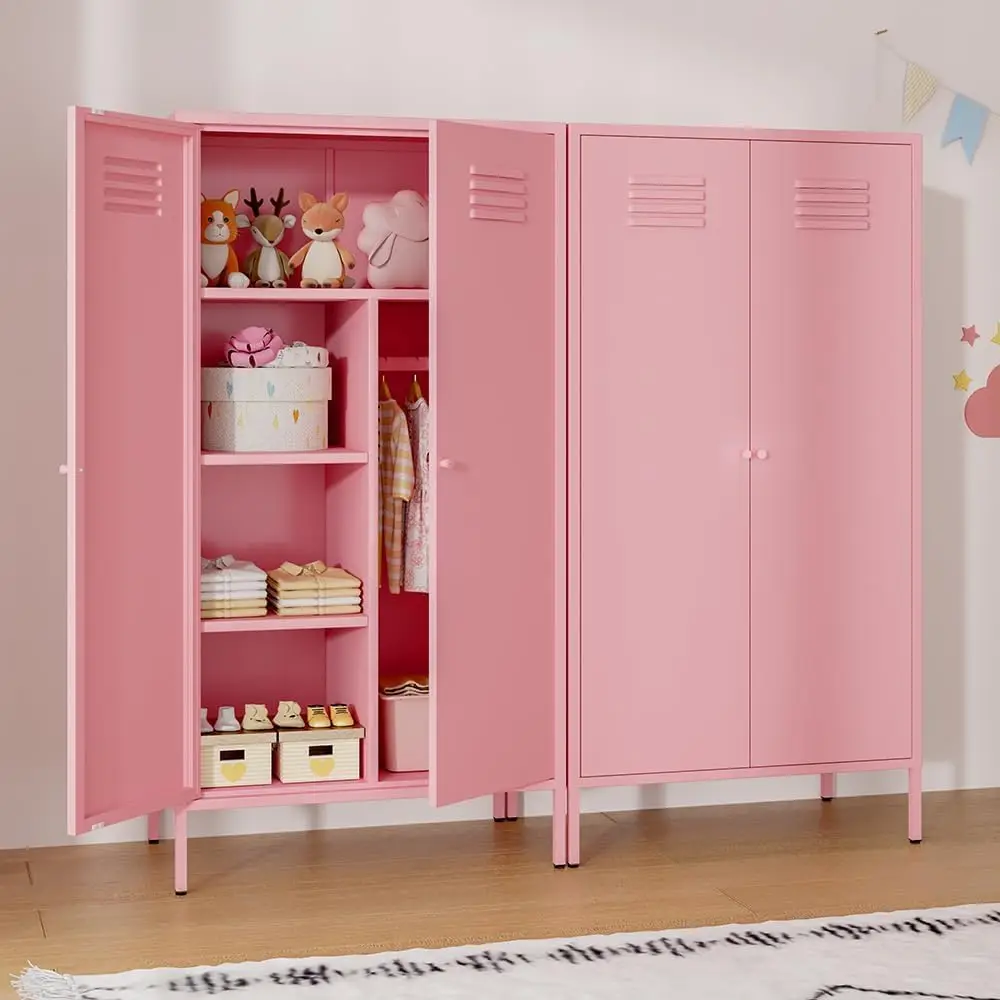 Pink Magnetic DoSteel Kids Wardrobe with Hanging Rod & 2 Shelves, Metal Tall Storage Cabinet for Bedroom or Laundry Room