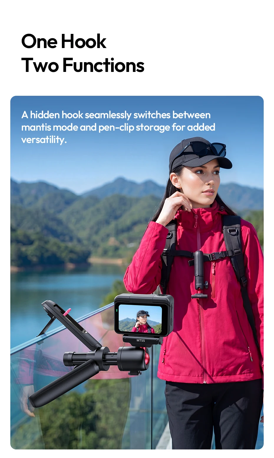 Ulanzi MT55 SnapGo Mini Selfie-Stick Stativ Overhead Mantis Rucksackhalterung für DJI Action6/Nano für Insta360 Go Ultra für Reisen – Detail 5