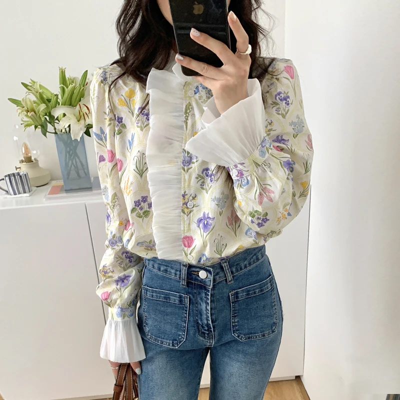 Neploe Korean Chic Summer French Romantic Blouses High Neck Panel Ruffle Blusas Pattern Print Flare Sleeve Sweet Cute Shirts