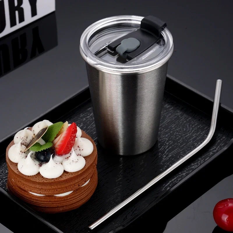 Silver Stainless Steel Beer Mugs with Lid Metal Wine Tumbler Office Tea Milk Straw Water Cups Travel Camping Drinkware Tools