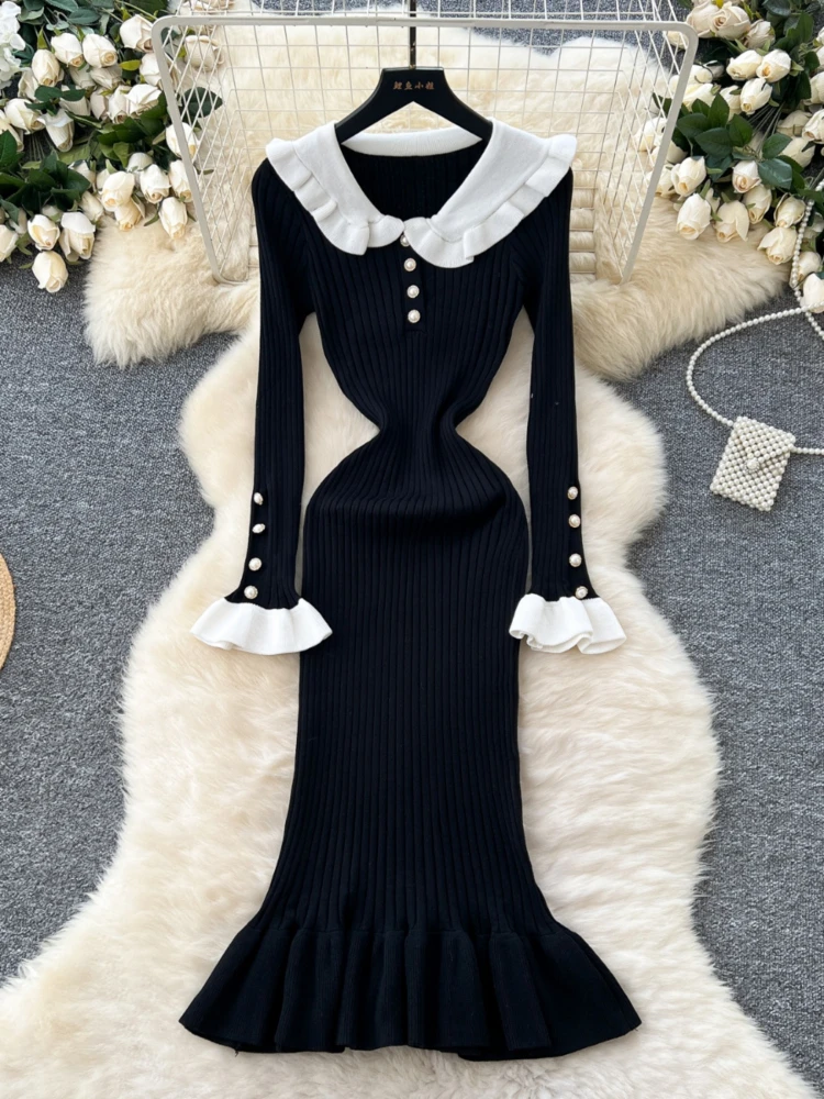 Vintage Chic Patchwork Temperament Robe Femme Knitted Woman Dresses 2024 Vestidos De Mujer Slim Waist Bodycon Pearl Button Dress