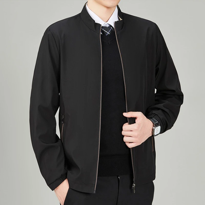 

2025 Pure Color Loose Fit Stand Collar Men's Jacket Business Casual Coat Autumn Winter New Arrival Polyester Fiber Zipper Decor