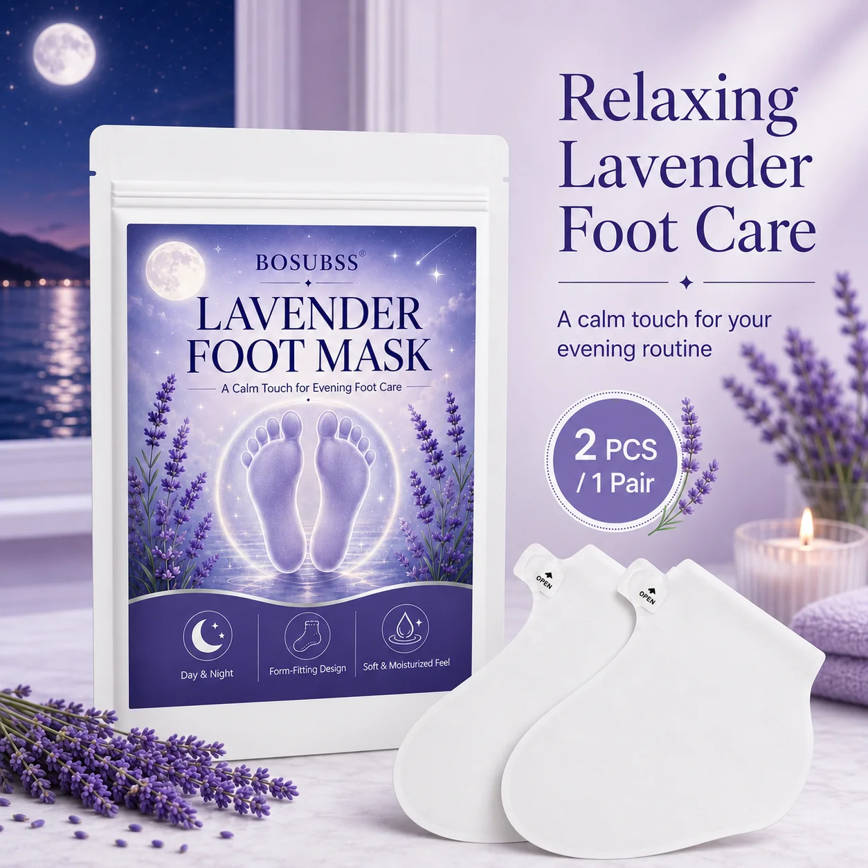 1 Pair Lavender Moisturizing Foot Mask Socks with Adjustable Ankle Tabs for Dry Feet Home Spa Foot Care Booties