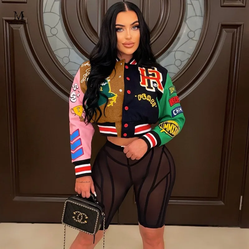 Trendy Women Varsity Jacket Y2K Baseball Uniform Letter Print Patchwork Autumn Winter Street Vintage Plus Size Short Coats