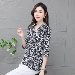 Summer Plus Size Women's T-shirt Retro Patterns Lapel Half Sleeved Tops Women's Blouse 2024 Summer New Plus Size Clothing