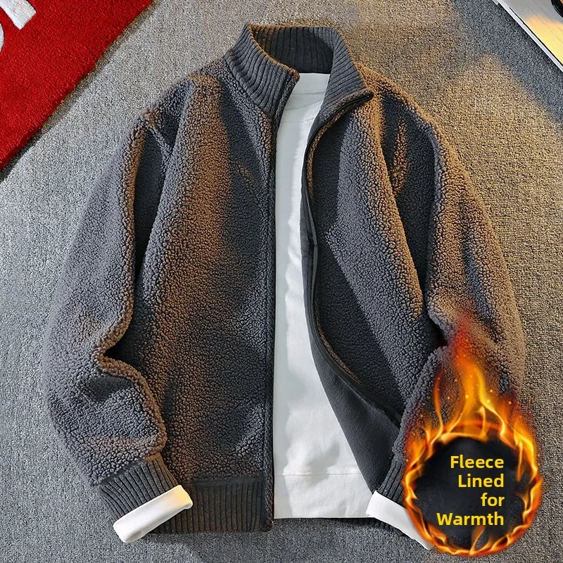 

Мужская осенне-зимняя вязаная куртка на подкладке, повседневная облегающая куртка с воротником-стойкой, бархатная застежка-молния из мягкого полиэстера