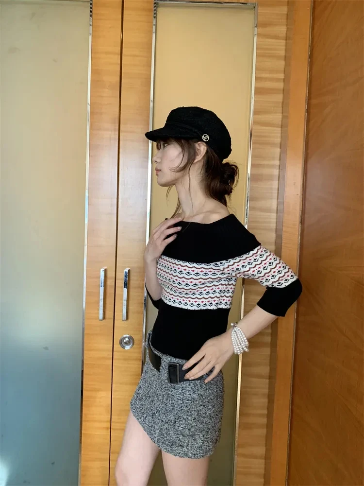 بلوفرات نسائية مخططة بألوان متباينة سترة نسائية مخططة بقصة ضيقة ورقبة مائلة محبوكة سترة علوية Sueter Mujer