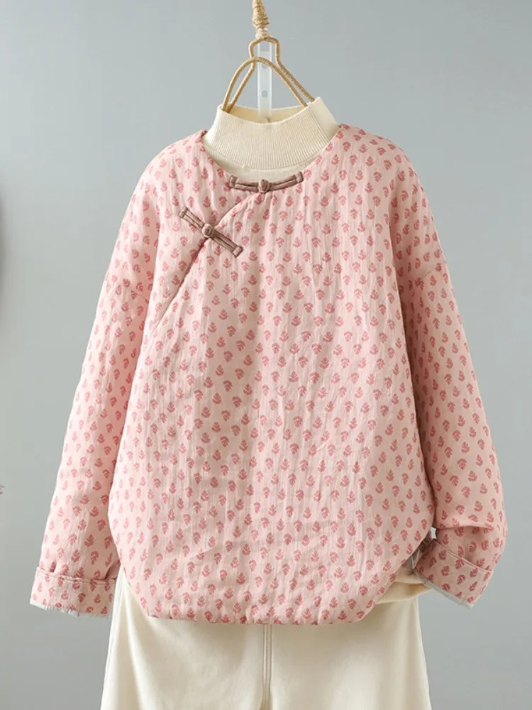 

Женское зимнее круглое хлопковое пальто в китайском стиле в стиле ретро, свободная верхняя одежда свободного покроя на пуговицах с цветочным принтом