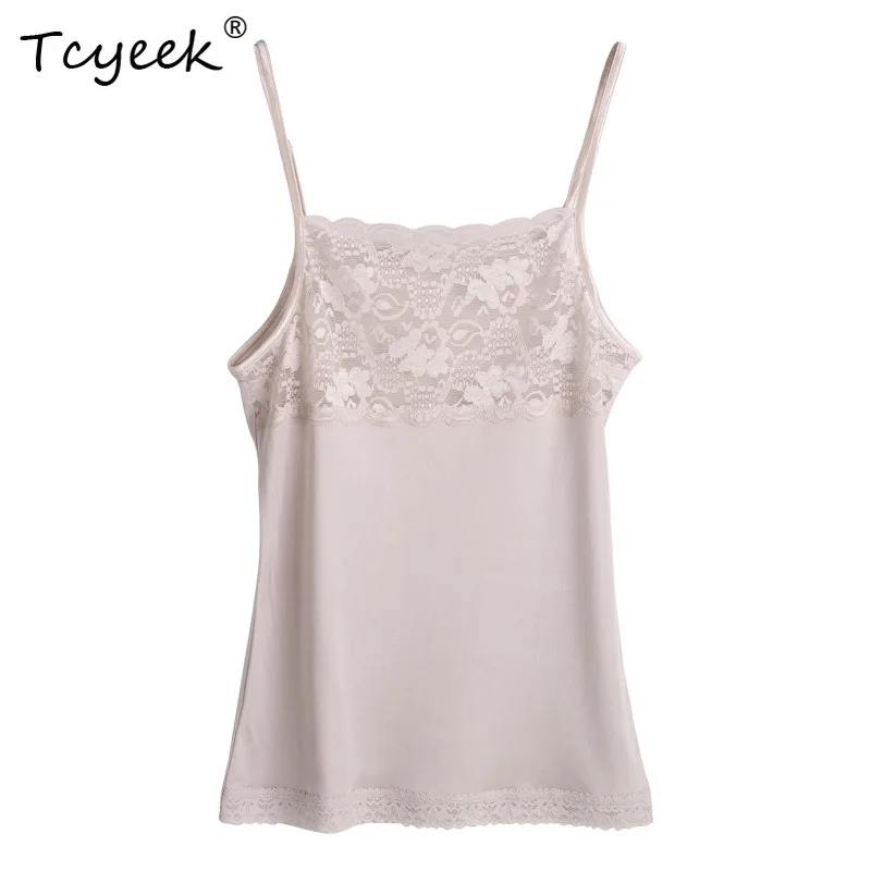 

Tcyeek, 100%Real Silk Elegant Knit Camisole, Women Sleeveless Lace, Sexy Thin Bottom Tank Top, 2024 Summer Autumn T48729QC