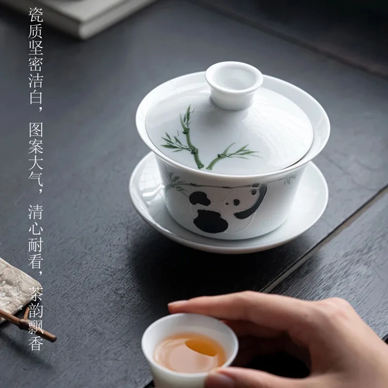 Ceramic Hand-painted Panda Gaiwan Tea Cup White Porcelain Tea Bowl with Lid Three Talents Single Large Kung Fu Household Tea Set