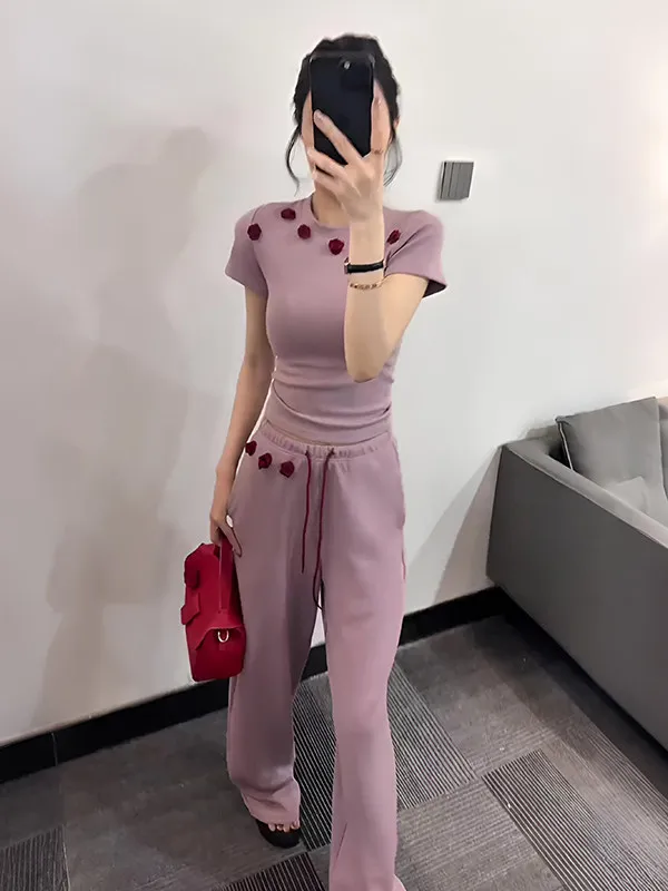 

Summer Elegant round Neck Short Sleeve T-Shirt High Waist Wide Leg Pants Casual Sport Two Piece Set Women's Fashion Ensemble