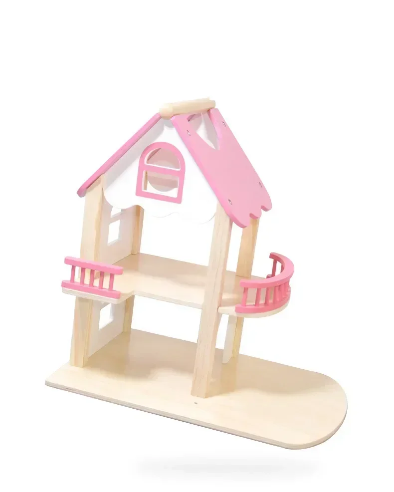 36cm quebra-cabeça das crianças playhouse casa de brinquedo de madeira rosa portátil casa de bonecas simulado princesa villa casa