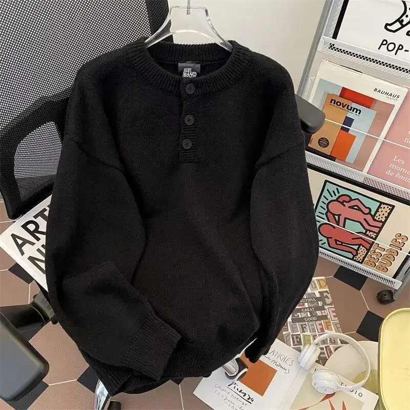 

Thiened Button-Down Men's Crew Ne Sweater Soft Lazy Sle Student Korean Version Knitted irt Casual Loose Fit Winter