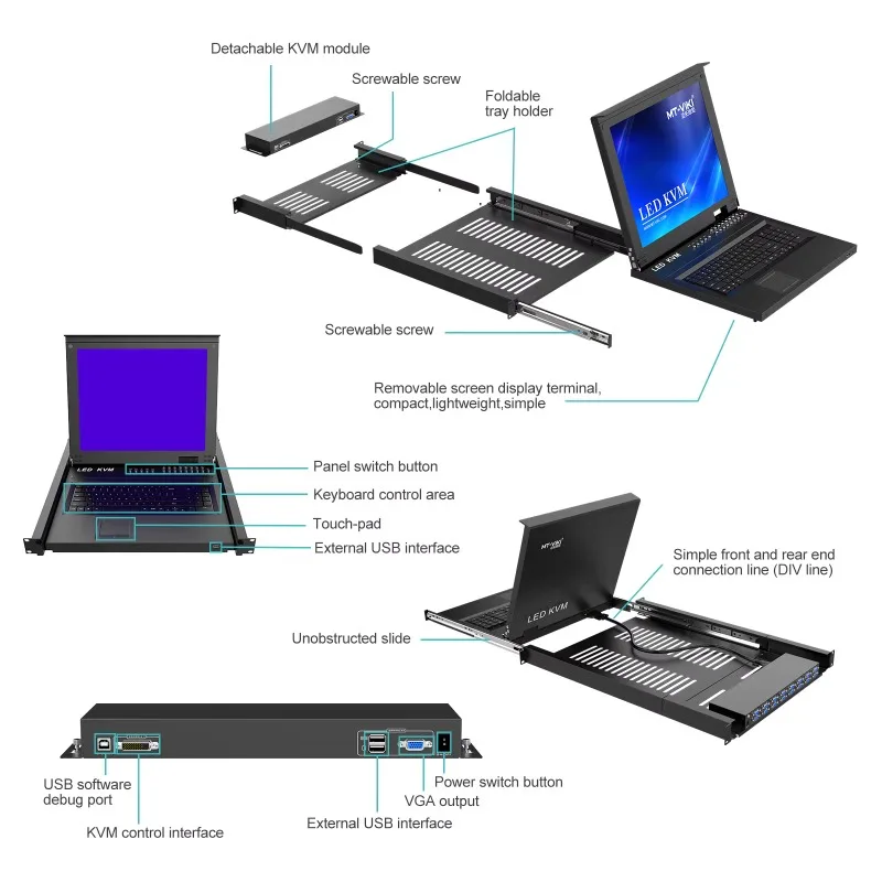 Switch KVM LCD da 17 pollici con 16 porte VGA + 16 cavi, MT-VIKI 1U 16x1 Rack LCD KVM Switch Console Drawer