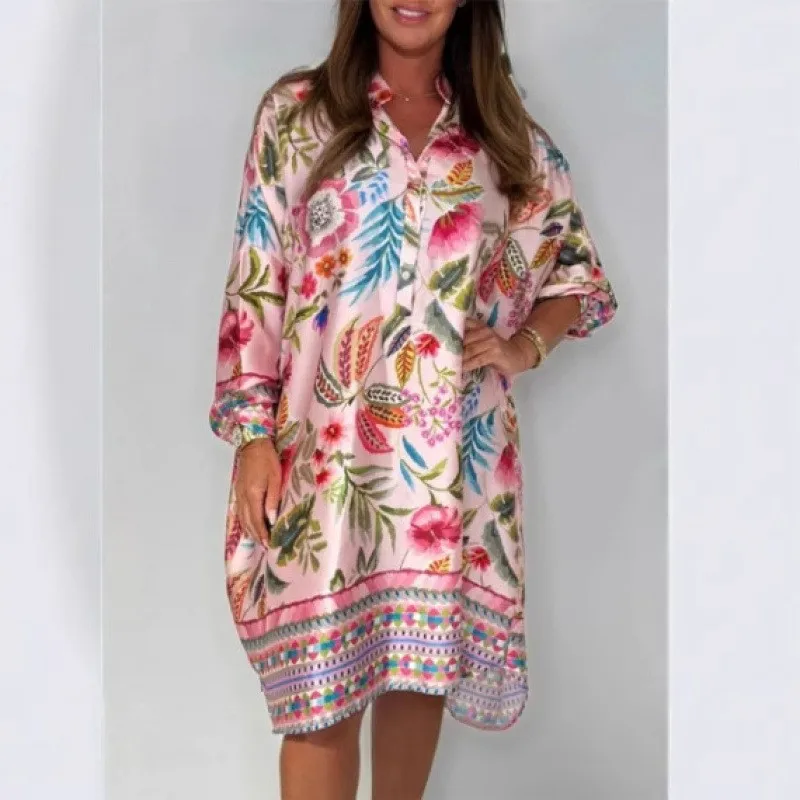 

Vintage Floral Print Women's Dress 2025 Summer New Long Sleeve Knee-length Shirt Dress Boho Holiday Dress Loose Casual Vestidos