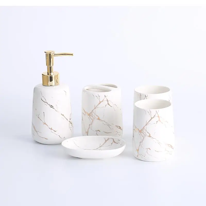 Platinum Marble Texture Ceramic Bathroom Products Set Cup Lotion Bottle Toothbrush Holder Soap Dish Storage Tray