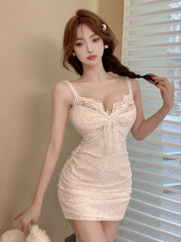 

Sexy Sweet And Spicy Low Cut Lace Strap ort Skirt Slim Fit Base Coat Wrap around Body Dr High Waist No Sve H pe