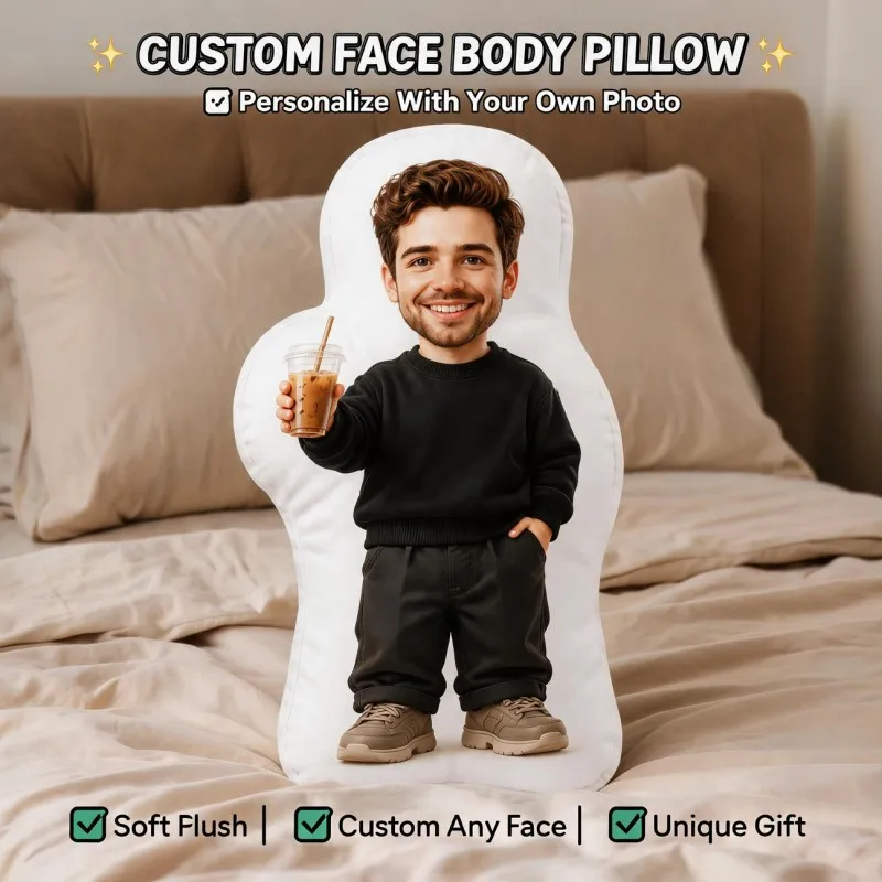 Custom Personalized Photo Shaped Pillow, Smiling for Man Holding Coffee Custom Picture Decorative Cushion, 70cm Home Decor Accen
