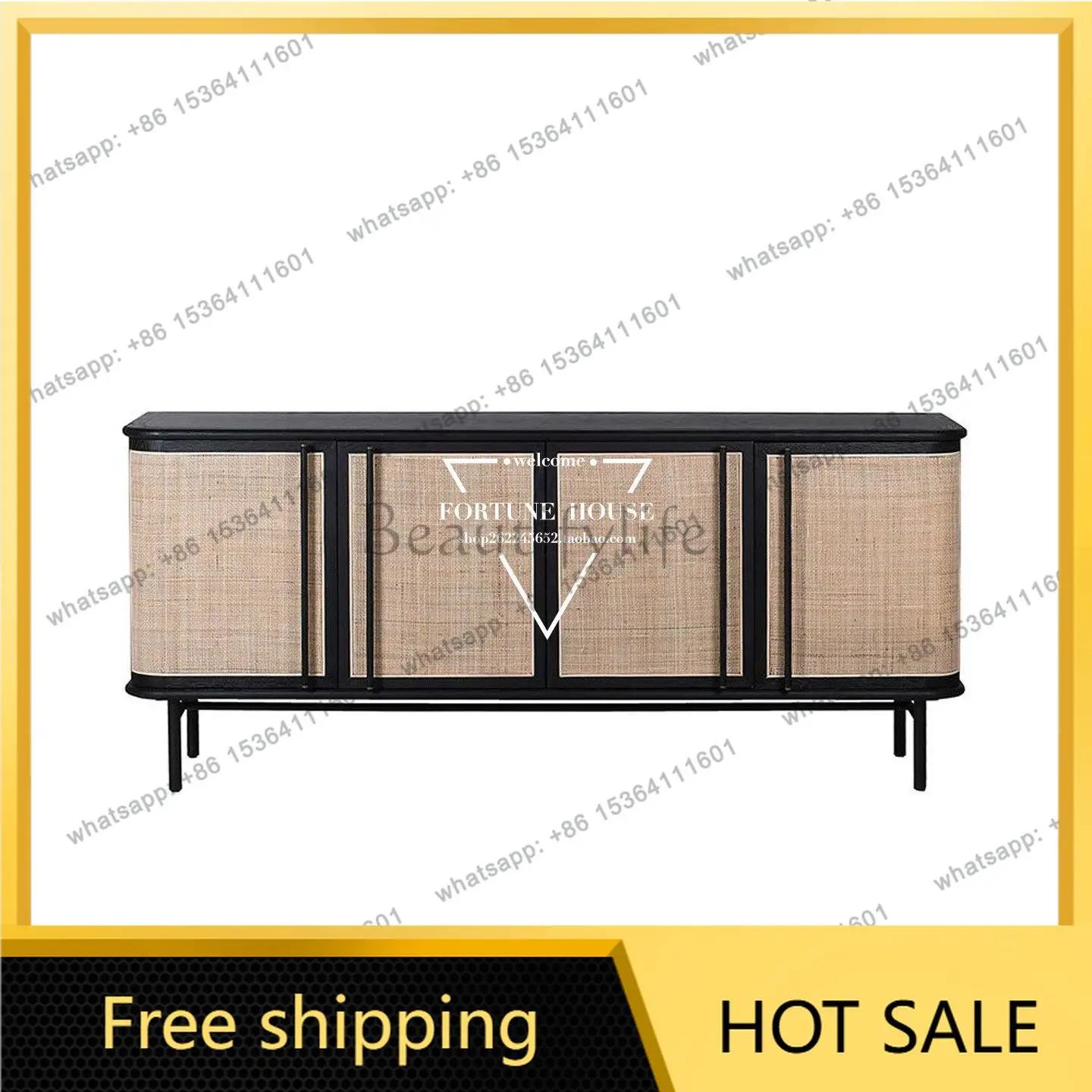 Nordic Japanese simple modern solid wood dining side cabinet American light luxury rattan TV cabinet living