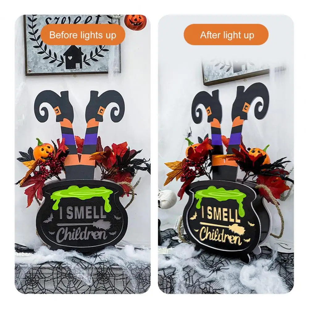 Eye-catching Hanging Signs Spooky Halloween Wooden Door Signs for Front Door Decor Witch Leg Pumpkin Smell for Halloween