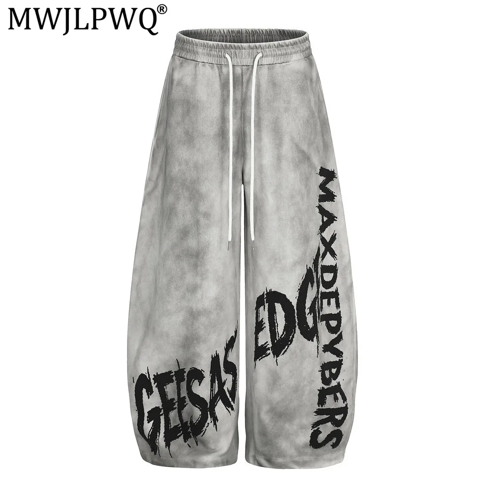 MWJLPWQ American-Style Design Ink-Wash Lettering Pants Men's Distressed Faded Curved Hem Loose-Fit Casual Tie-Dye Trousers 21450