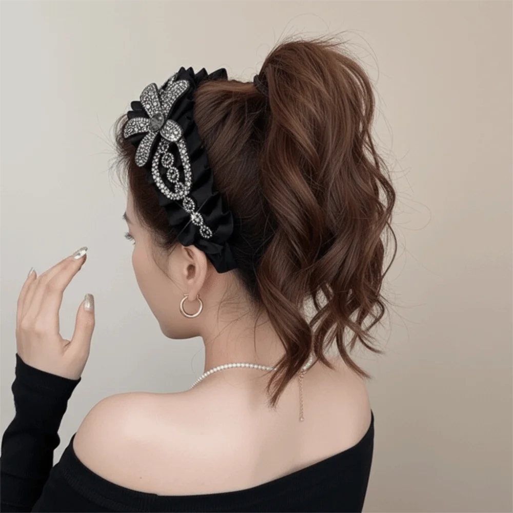 

Retro Cloth Black Hairband Rhinestone Flower Women Hair Hoop Wide Korean Style Wrinkle Headband Daily