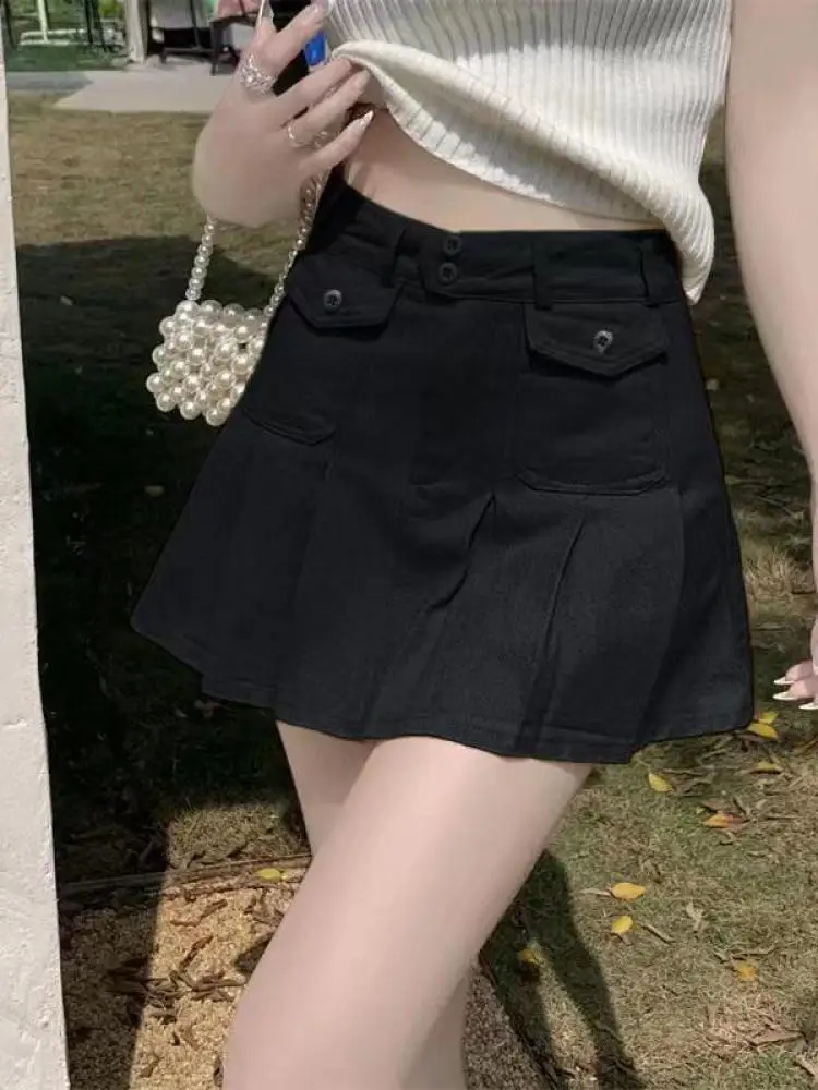 

Korean Summer Black Elegant Sexy Club High Waist Vacation Pleated Mini Skirt Women Grey Versatile A-line Short Skirt Streetwear