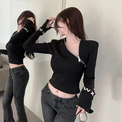 Autumn Streetwear Zipper T-shirts Irregular Basic Y2k Aesthetic Letter Bandage Long Sleeve Tops Women Trend Casual Black Tees