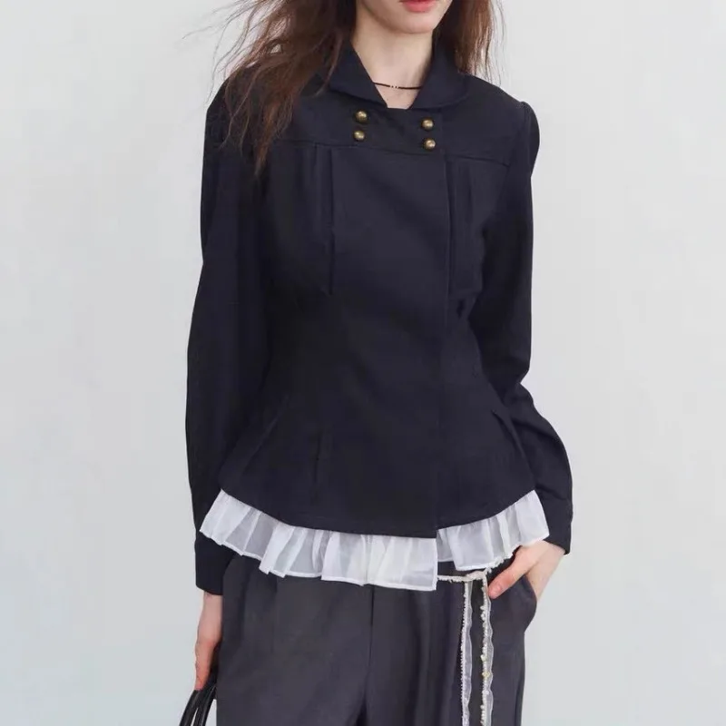 

Women's Retro Pleated Shirt Double Breasted Blouse Ruffle Hem High Waist Top