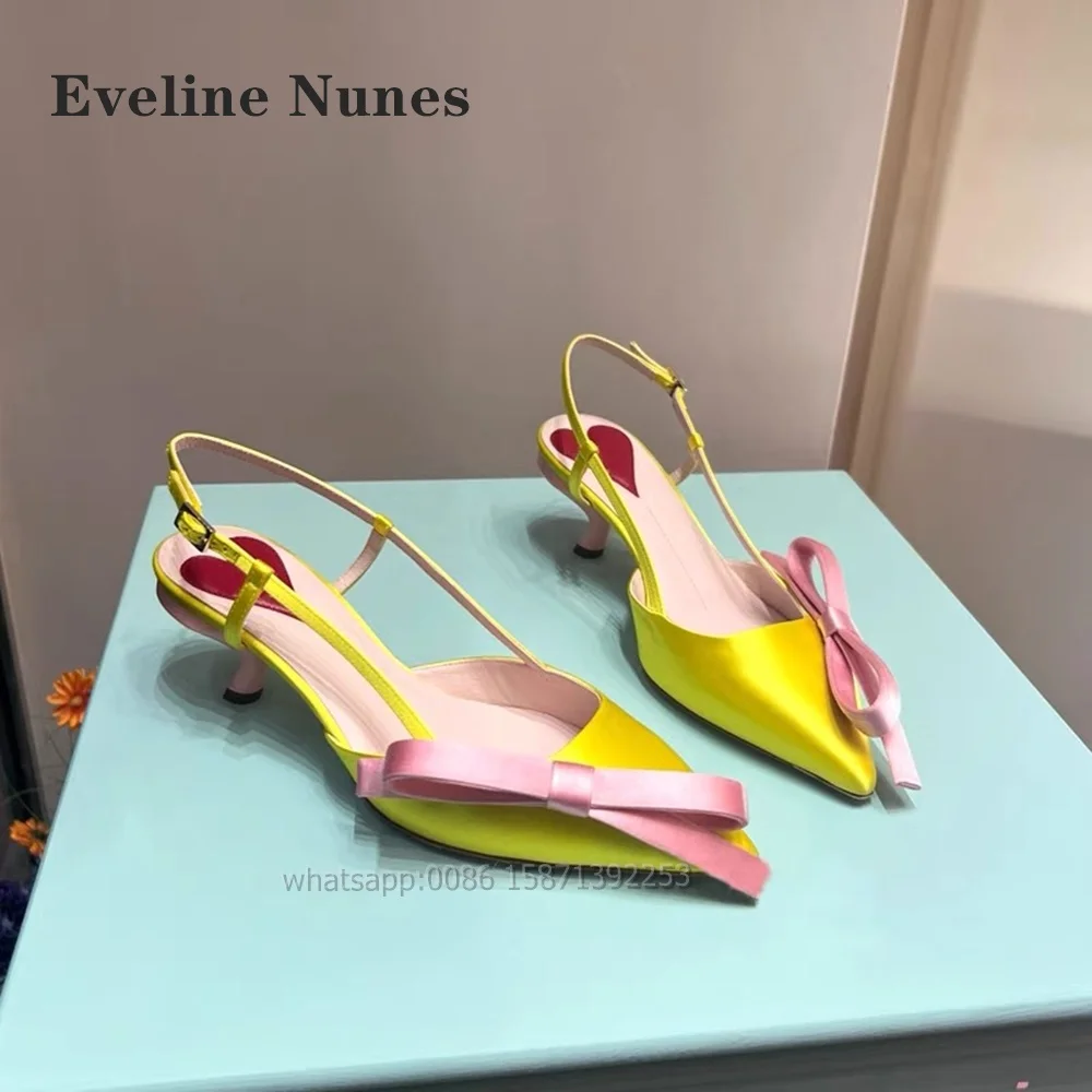 Bow Heart-Shaped Satin Sandals Pointed Toe Thin Heels Back Strap Side Air Slingback Women Pumps Buckle Strap Mixed Colors Shoes