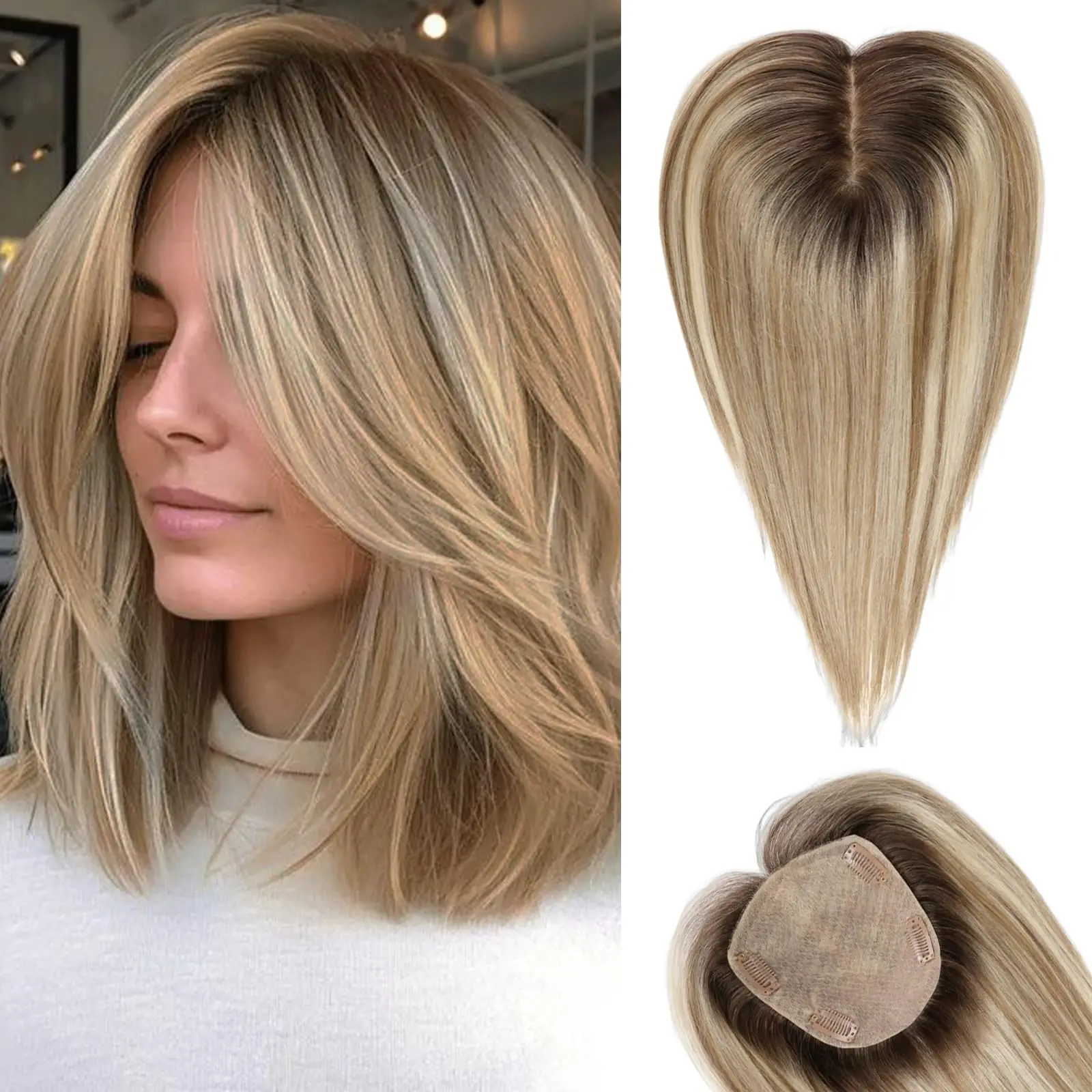 12inch Brown Blonde Highlight Human Hair Toppers 5x5.5inch Silk Base 4Clips100% Real Hair Toppers in Extension Natural for Women