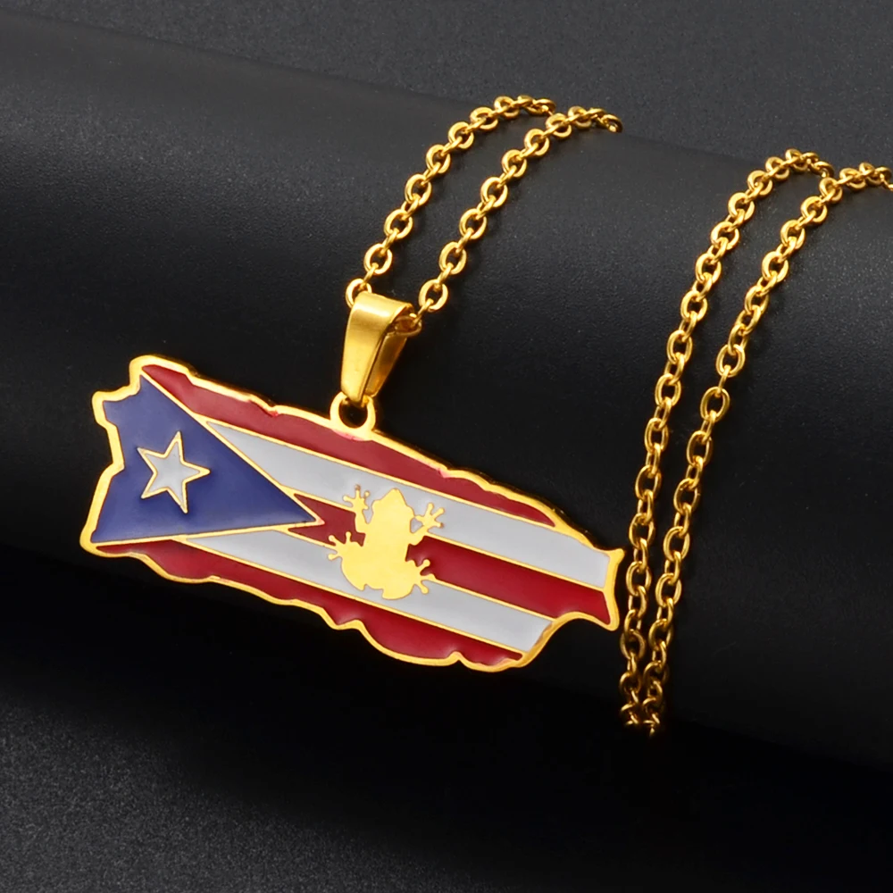 Anniyo Puerto Rico Map Flag Pendant Necklaces Rican Frog Rana Flag Jewelry #318001